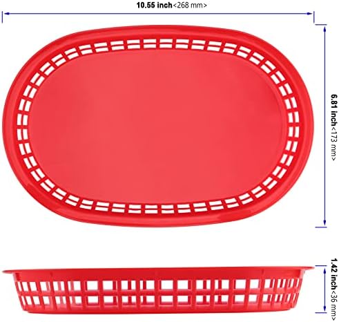 Коханд 24 пакет 11 x 7 инчи црвена корпа за брза храна, пластична корпа за брза храна во форма на овална форма, корпа за услуги