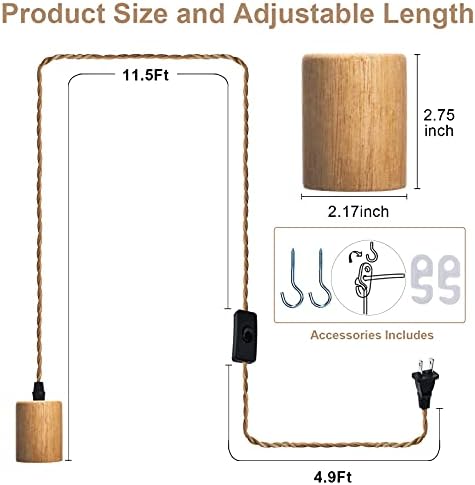 Комплет за светло кабел од дрво од дрво со прекинувач, 16,4 метри, приклучок за вртено јаже, приклучок за кабел за јаже, винтиџ индустриска куќа за висина на ламби E26 за