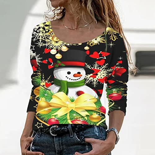 Женски Божиќни врвови симпатични печатени маици со долги ракави пулвер обичен џемпер на вратот на вратот лабави удобни врвови блузи