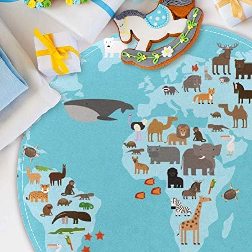 Heoeh уникатни животни Светска мапа, не -лизгање 15,7 тркалезна област килими теписи за деца спална соба бебешка соба игра Расадник