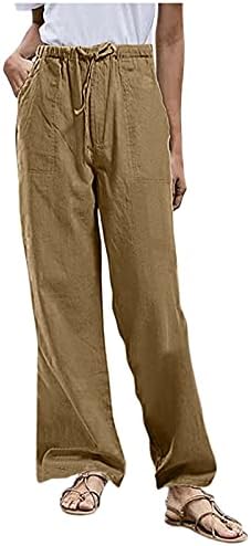 Плус панталони со големина цврста затегнатост жени постелнини памучни панталони панталони џебни панталони француски џемпери жени жолти