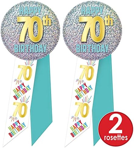 Beistle 2 парче Среќно 70 -ти роденден на копчето за роденден, носат розети за славење на забави, 5,5 x 2, повеќебојни