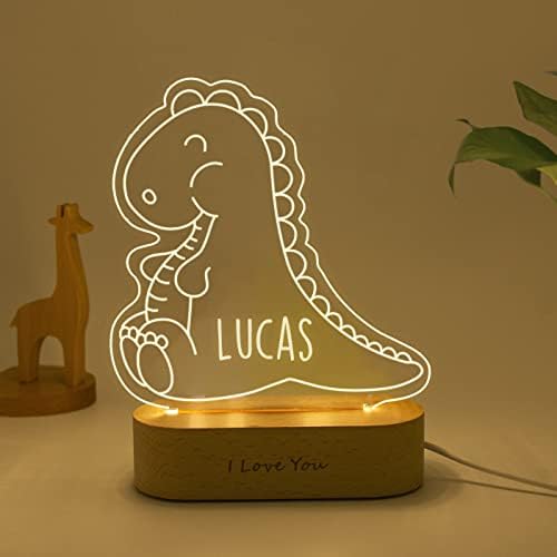 Magic Lunar персонализирана смешна ламба за табели со диносаурус бесплатно врежано име на обичај, уникатен роденденски подароци за деца LED