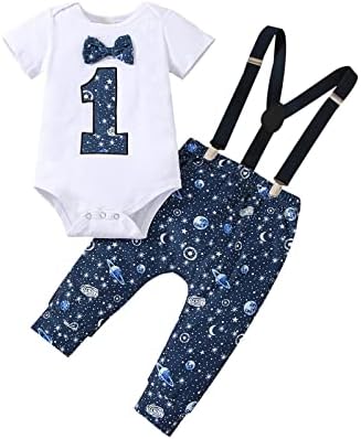 Cbnrlopop Бебе момче Едно 1 роденден облека за новороденчиња за кратки ракави лак вратоврска роперни панталони поставени суспензии
