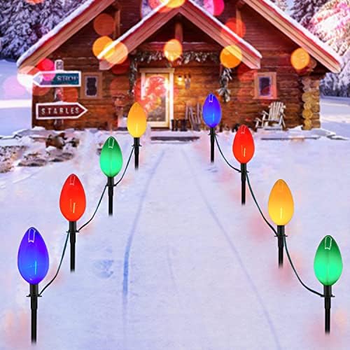 C9 Christmas Lighter Pathway Stake Lights, 7ft Божиќни патеки со жица со 4 umамбо C9 повеќебојни светилки, удели, Божиќни украси