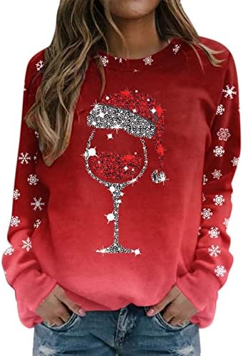 Wocacchi Womenените црвено вино чаша Божиќна маичка Смешна Божиќна пулвер Божиќна санта шапка графичка блуза маица врвови