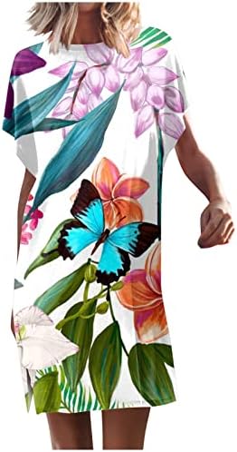 Летни фустани за жени 2023 лабава вклопена сплит лилјак краток ракав лажичка вратот од вратот, обични печатени плажа маички фустани
