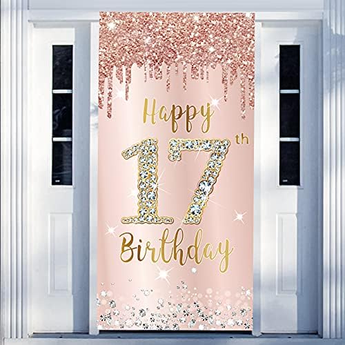 Среќен 17-Ти Роденден Врата Банер Украси За Девојки, Розова Розово Злато 17 Роденден Врата Покрие Позадина Партија Материјали, Големи Седумнаесетгодишниот