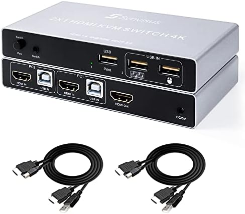 Synvisus HDMI Kvm Прекинувач 2 Порта KVM Прекинувач 2 во 1 Надвор 4Kx2K@30hz UHD Компатибилен СО HDMI 1.4, HDCP 2.0, Поддржува Автоматско Скенирање&засилувач;