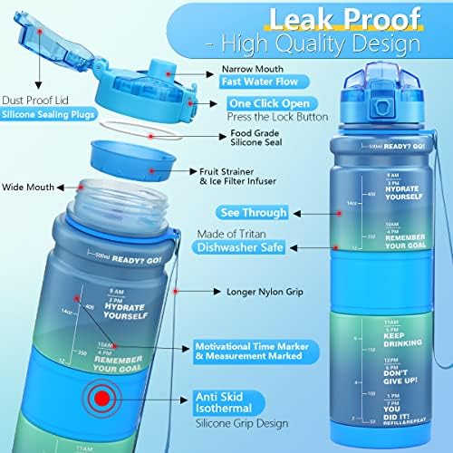 Soiomes 17oz Мотивациски шишиња со вода со временски маркер, BPA Free & Lock Feature & Leak Decof & Flip Top Fild Sports Sports Sports за