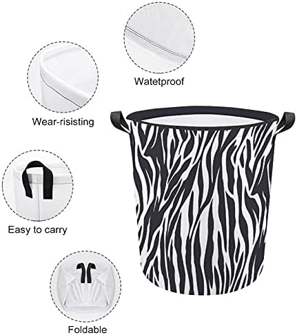 Кошница за перење FODUODUO црна зебра печатење и ленти алишта за перење со рачки што се преклопуваат со преклопување валкана облека