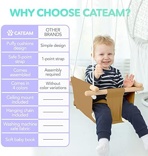 Cateam - платно бебе замав, дрвена висина за замав со седиште со безбедносен појас, издржлив стол за бебиња, стол за бебиња, на