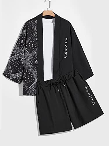 Fdsufdy Две парчиња облека за мажи мажи јапонски букви графички кимоно и влечење шорцеви од половината без мета