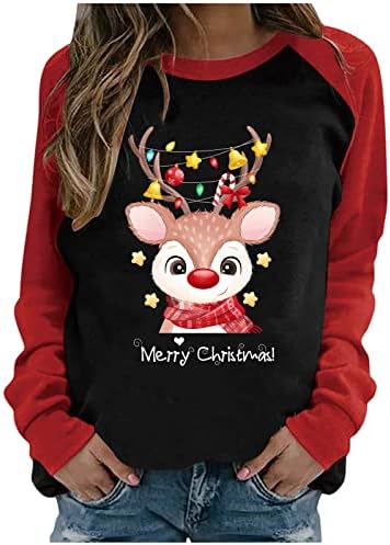 Грд божиќен џемпер за жени со екипаж на долги ракави Божиќна маица симпатична леопард елк печатена тунична врвови влечења