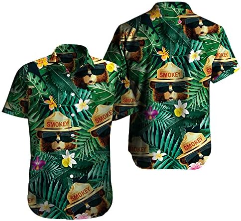 Смешна хавајска кошула Mens Smokey_bear сончогледни лисја сурфање на плажа Алоха Партиски случај на лесен празник краток ракав