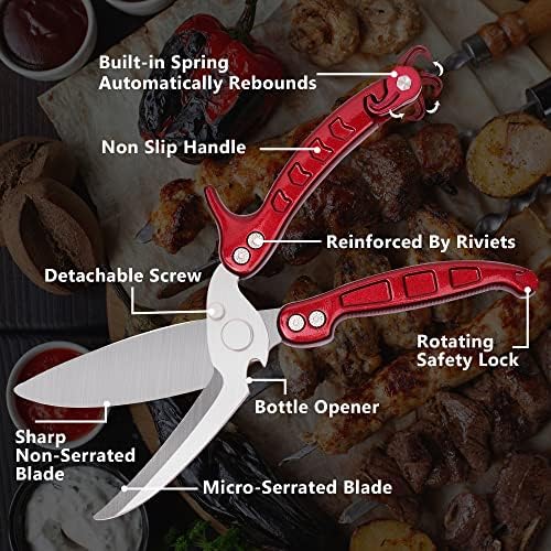 Luvcosy црвена живина ножици, кујнски ножици со вградена пролет, одвојливи кујнски ножици со безбедносно заклучување, остри ножици за готвење