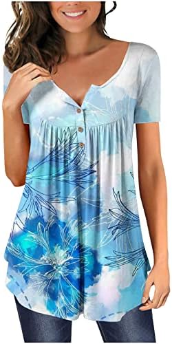 Женски цветни печатени кратки ракави Туника на врвови Хенли против вратот, плетенка, летна маичка за блуза 2023 година