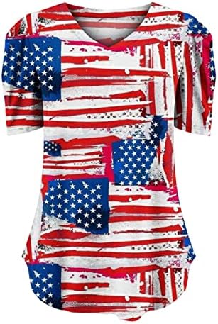 Патриотски кошули за жени Ден на независност на врвовите на кратки ракави со кратки ракави против вратот, блузи, обични американско знаме
