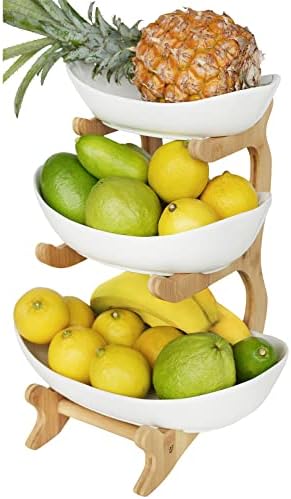 Манготон 3 нивоа овошје корпа за кујнски сад, керамички овошен сад, големи овошни чинии за складирање на овошје и зеленчук, фрутерос
