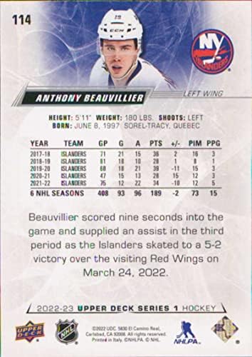 2022-23 Горна палуба 114 Ентони Бовилиер Newујорк Островци Серија 1 НХЛ хокејска трговска картичка
