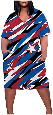 HCJKDU MIDI фустани за жени против вратот мода моден американски знаме starвезда печатење фустан лабава плус големина фустан со џебови