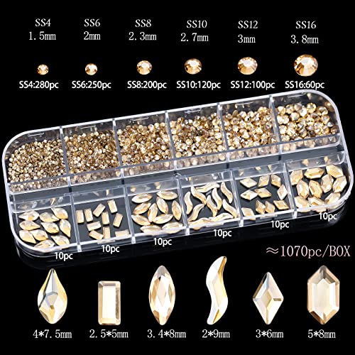 1070 парчиња Шампањ злато нокти Rhinestones за нокти златни камења за нокти кристали 3D нокти дијаманти за занаети за украсување