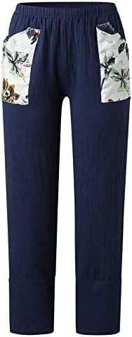 Pantsенски памучни постелнини панталони, плажа случајна удобност широка нога јога палацо бохо печатени дневни панталони со големи џебови