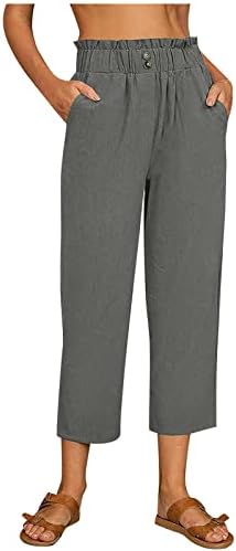 Palazzенски широки нозе палацо панталони со високи половини, лабава постелнина капри панталони со џебови