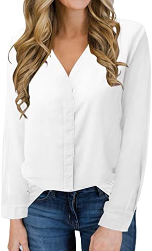 Ubstенски женски обичен v врат со долги ракави кошула дами копче надолу цврсто шифон формална работна облека за блузи врвови џемпери
