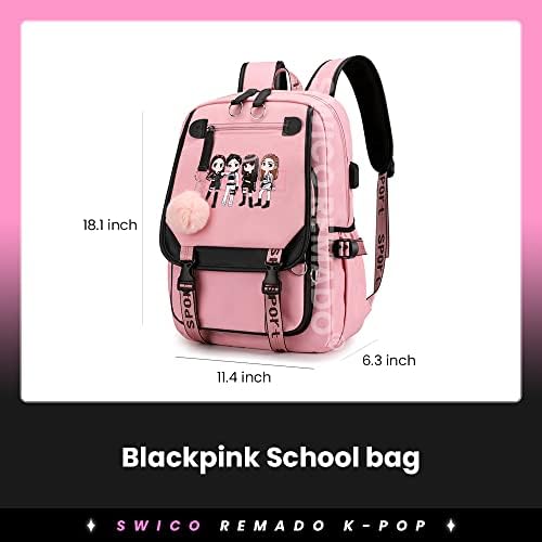 Swico Remado K-Pop лаптоп торба со книги со USB полнење и порта за слушалки, црна и розова