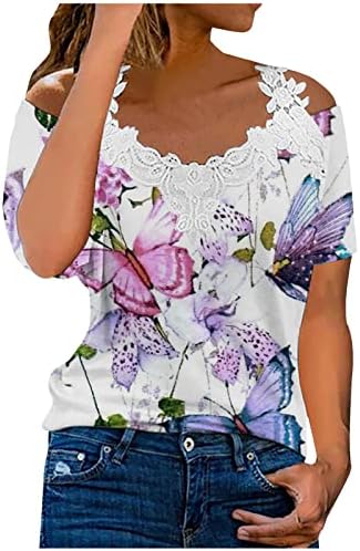 Секси маица од рамо за жени за жени кои се сумираат цветни печатени врвови, обични врвови со краток ракав Туника, лабава трендовска