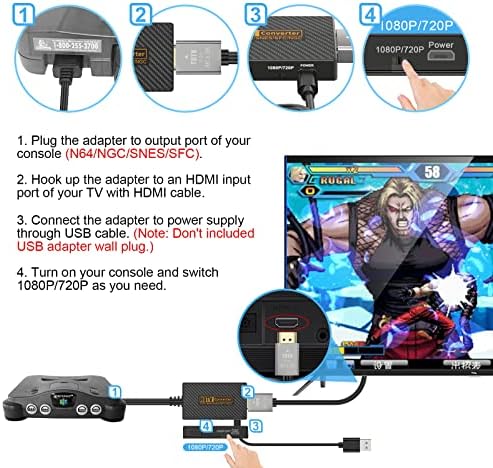 Runtogol N64 GameCube to HDMI адаптер конвертор кабел, HDMI адаптер за Nintendo GameCube/Nintendo 64/SNES/SFC со HDMI кабел и USB кабел, Поддршка 1080P дисплеј