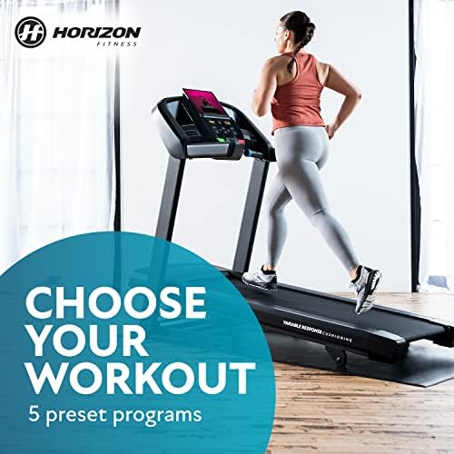 Horizon Fitness T101 Преклопна неблагодарна работа со наклон за трчање и одење со Bluetooth конекција 300 lb капацитет, машина за