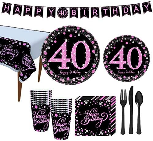 Амосфун Црн сјај со чаршав 40 -ти роденденски материјал за 30 -ти роденденски плочи за роденденски салфетки чаши табела за покривање на лажици