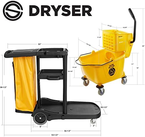 Комерцијална количка за чистење на Dryser на тркала со обвивка, полици и винилна торба и комерцијална кофа со копици со страничен печат,