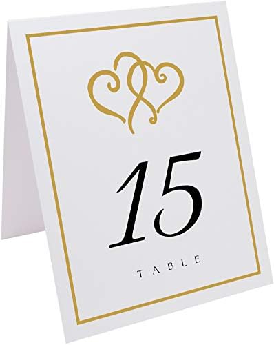 Поврзани срца и броеви на гранични свадбени табели, бело, злато, 1-10, двострана, шатор или употреба на штанд, одлично за забави и ресторани