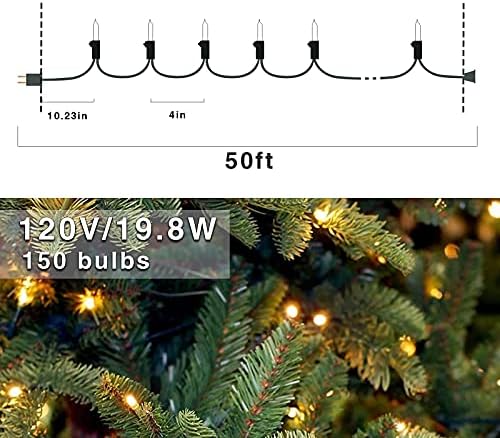 Cirza 150 LED топли бели божиќни светла за Божиќни жици, зелена жица од 50 стапки, UL овластена конекција, Божиќни светла на отворено