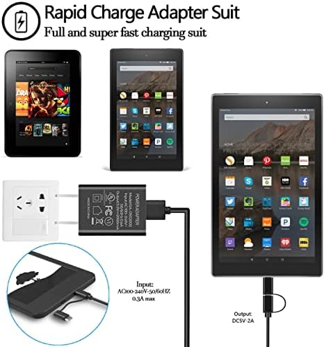 Брз полнач Miuolv, UL наведен брз полнач AC адаптер 5v2a Брз полнач со 6FT микро-USB & Type C кабел компатибилен со Fire 7 8 10 Tablet,