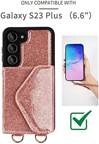 Wrukklca компатибилен со Samsung Galaxy S23 Plus Case Wallet, Сјајно телефонски случај со држач за картички, кожен случај со каиш за