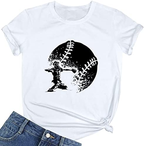 Женски бејзбол печатена екипаж маица со двојка, обична кратка ракав блуза врвови спортови лабава маичка кошула тинејџерки тинејџери