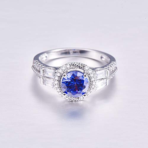 Empsoul 925 Стерлинг сребрен прстен 7x7mm Round Cut симулиран танзанит 5-камен невестински венчален прстен за венчавки со големина 8