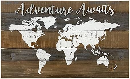 Авантурата чека светска мапа дрво wallид декор, фарма куќа рустикална дрвена плоча, гроздобер авантуристички декор ， 16,75 H x 28 W