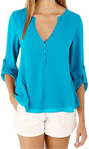Копче за обични блузи со женски обични блузи со angongnywell v-врат маици врвови на блуза влече ракав лабава шифон кошула