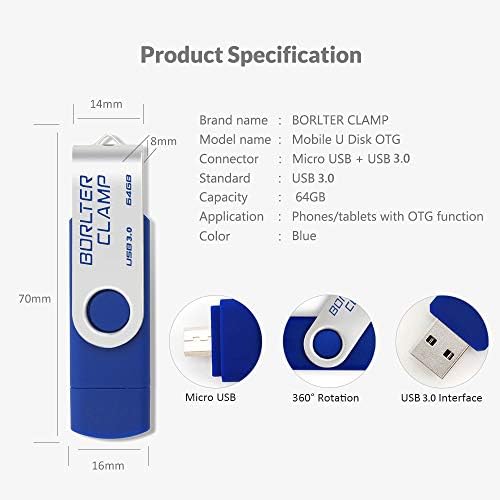 BorlterClamp 64 GB USB 3.0 Flash Driber Diual Port Memory Stick, OTG Swivel Peng Drive со микро USB -погон за таблети за паметни телефони со