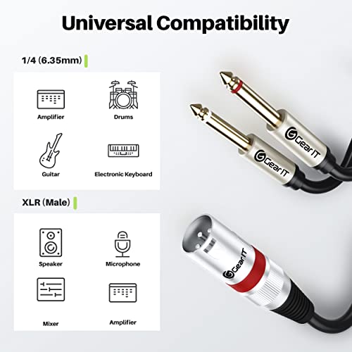 Gearit XLR машки до двојно 1/4 инчен кабел y-cable адаптер адаптер TS моно стерео, компатибилен со гитара, бас, инструменти, миксер,