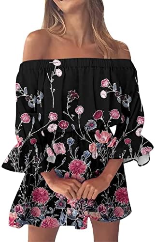 Фустан од кошула лето жени удобно надвор од рамената лабава цветна печатење бохо фустан bellвонче за фустан за фустан за фустан за фустан