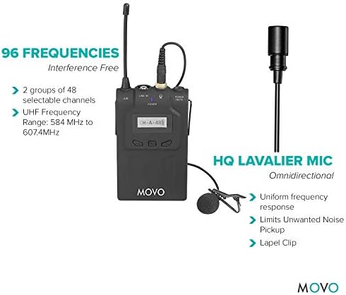 Movo WTX8 48-Канален UHF Безжичен Bodypack Предавател Со Лавалиер Микрофон ЗА Wmic80 Безжичен Микрофон Систем