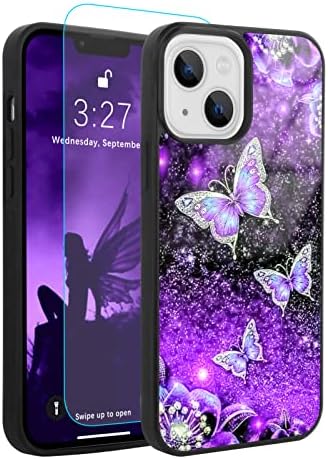 ООК Дизајни за iPhone 13 Случај Сјај Виолетова Пеперутка Маглина Простор Дизајн Хард КОМПЈУТЕР+Мека Tpu Браник Анти-Лизгање Ултра