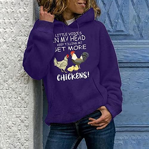 Смешни Кокошки Отпечатени За Жени Дуксери Со Врвки со Џебови Букви Обични Пуловер Блузи Со Долги Ракави