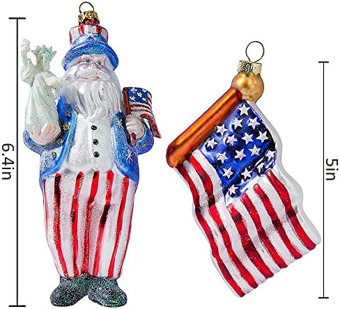 Разнесено стакло Американско знаме и чичко Сем Санта Патриотски Божиќни украси за новогодишна елка, рачно насликани на 4 -ти јули
